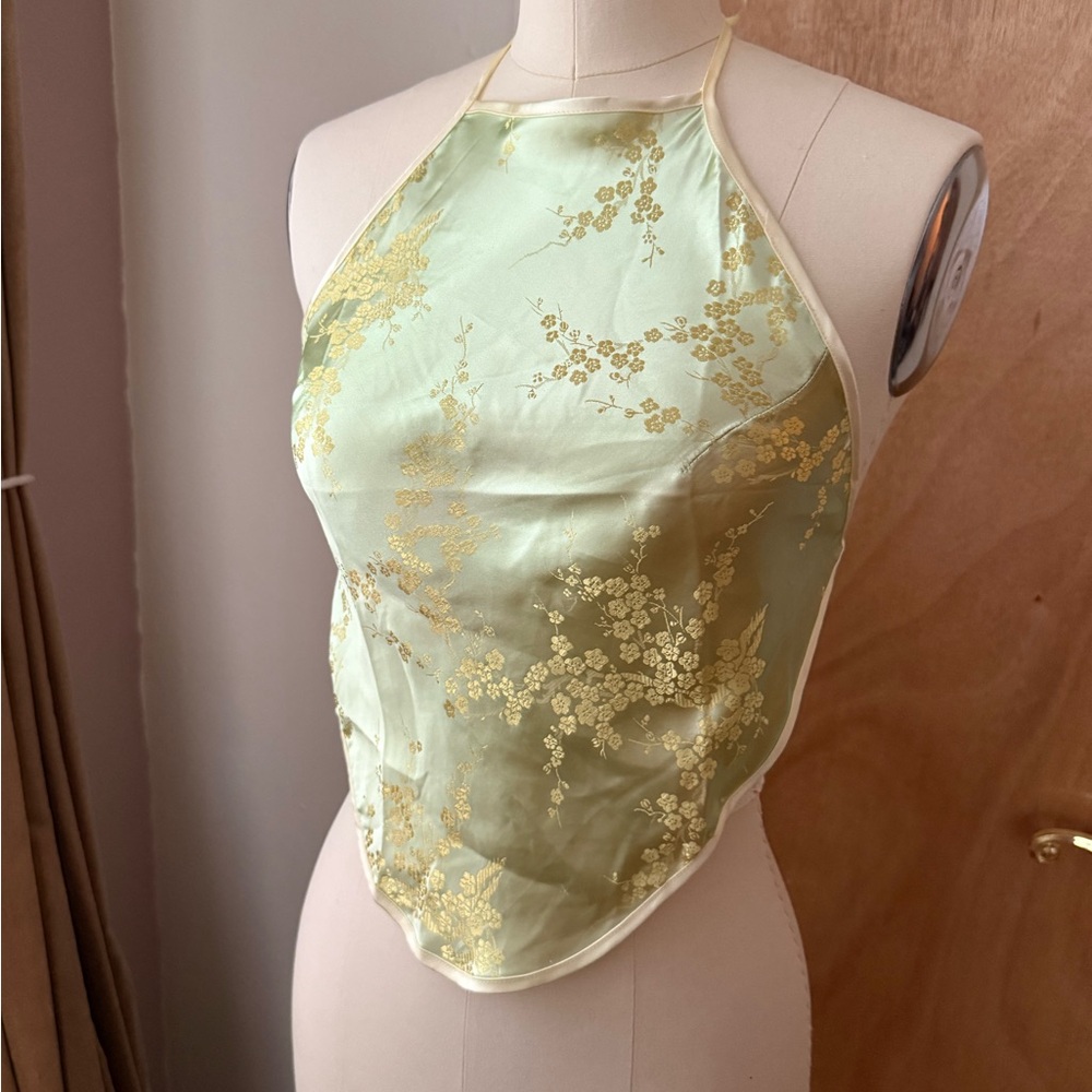 Satin Floral Halter Crop Top - Pale Green & Gold